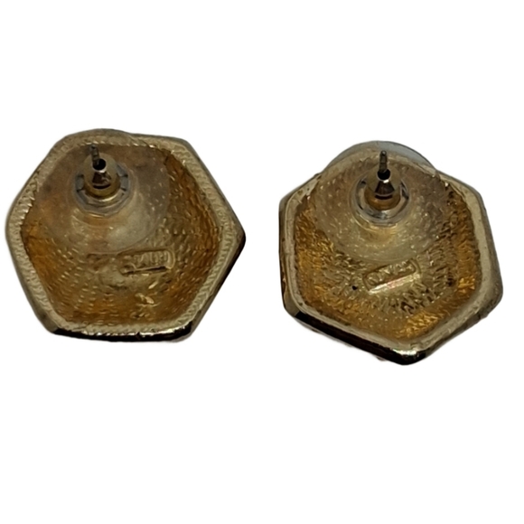 💎 Roman Co. Vintage Gold Tone Navy Blue Hexagon Stud Earrings Crystal Halo - Picture 6 of 6